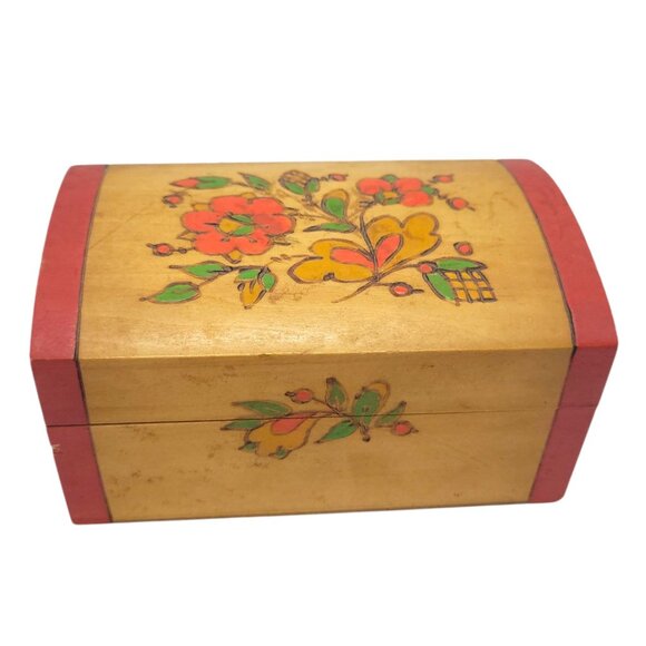 Vtg Hand-Painted Wooden Floral Jewelry Trinket Box Hinged Lid 5" x 3" Orange - Picture 1 of 15